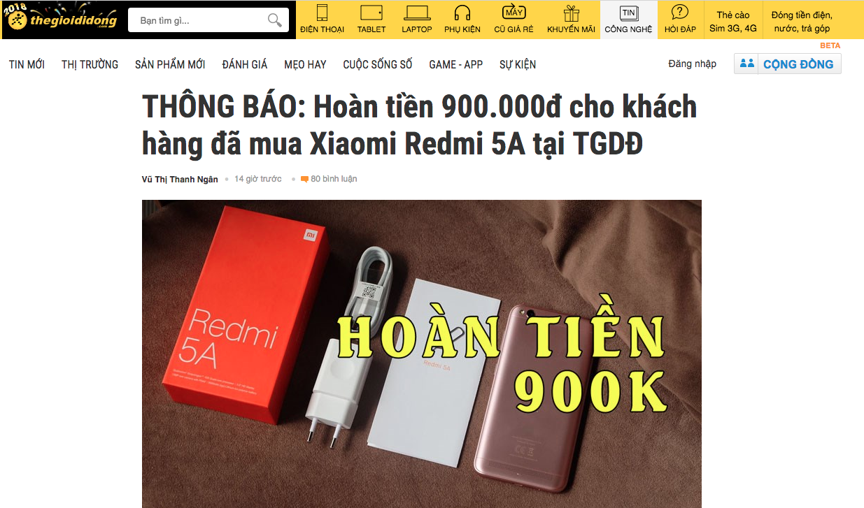 Thế Giới Di Động hoàn trả 900.000đ cho khách hàng mua Xiaomi Redmi 5A