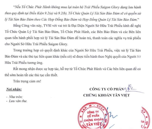 TVSI yêu cầu xử lý tài sản đảm bảo của trái phiếu Saigon Glory