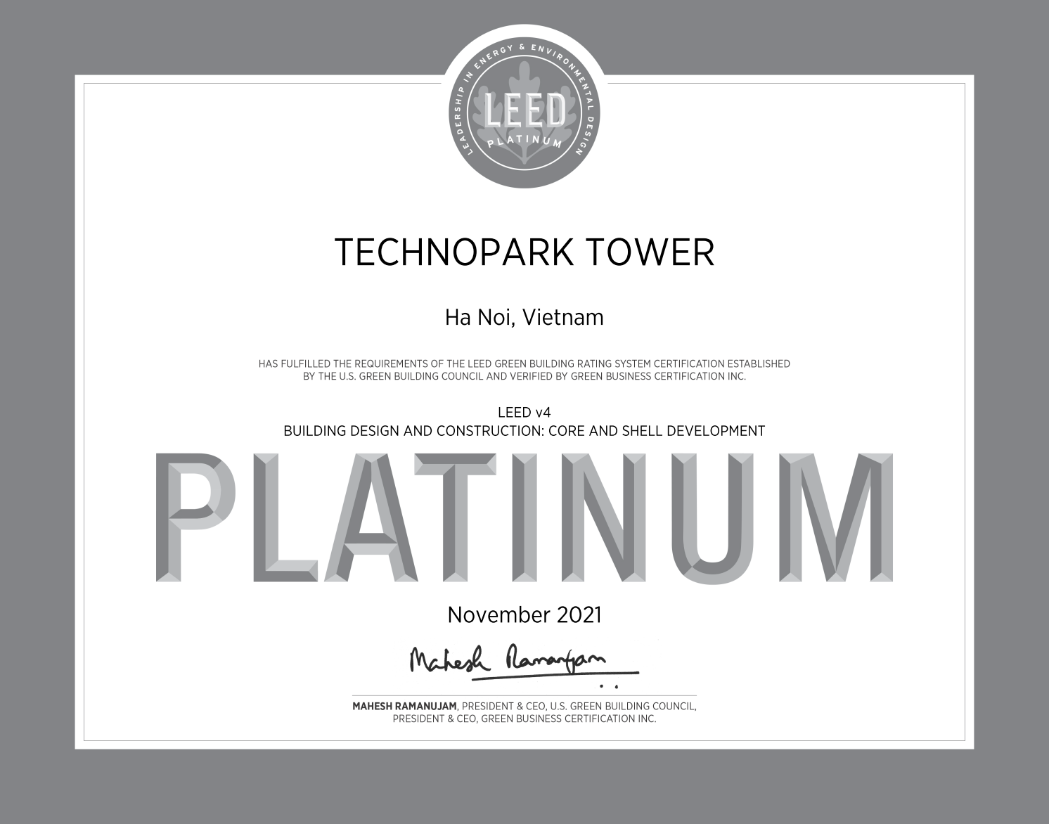TechnoPark Tower đạt chứng chỉ công trình xanh LEED Platinum