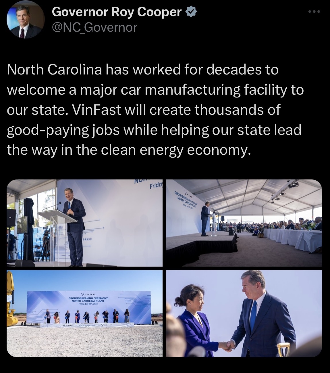 Thống đốc bang Bắc Carolina: 'VinFast giúp chúng tôi hiện thực hóa giấc mơ nhiều thập kỷ'