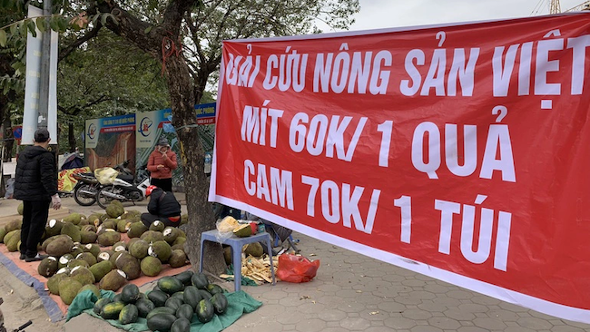 Trên nhiều tuyến phố của Hà Nội xuất hiện nhiều điểm bán mít Thái theo dạng "giải cứu" từ các container quay đầu từ cửa khẩu về